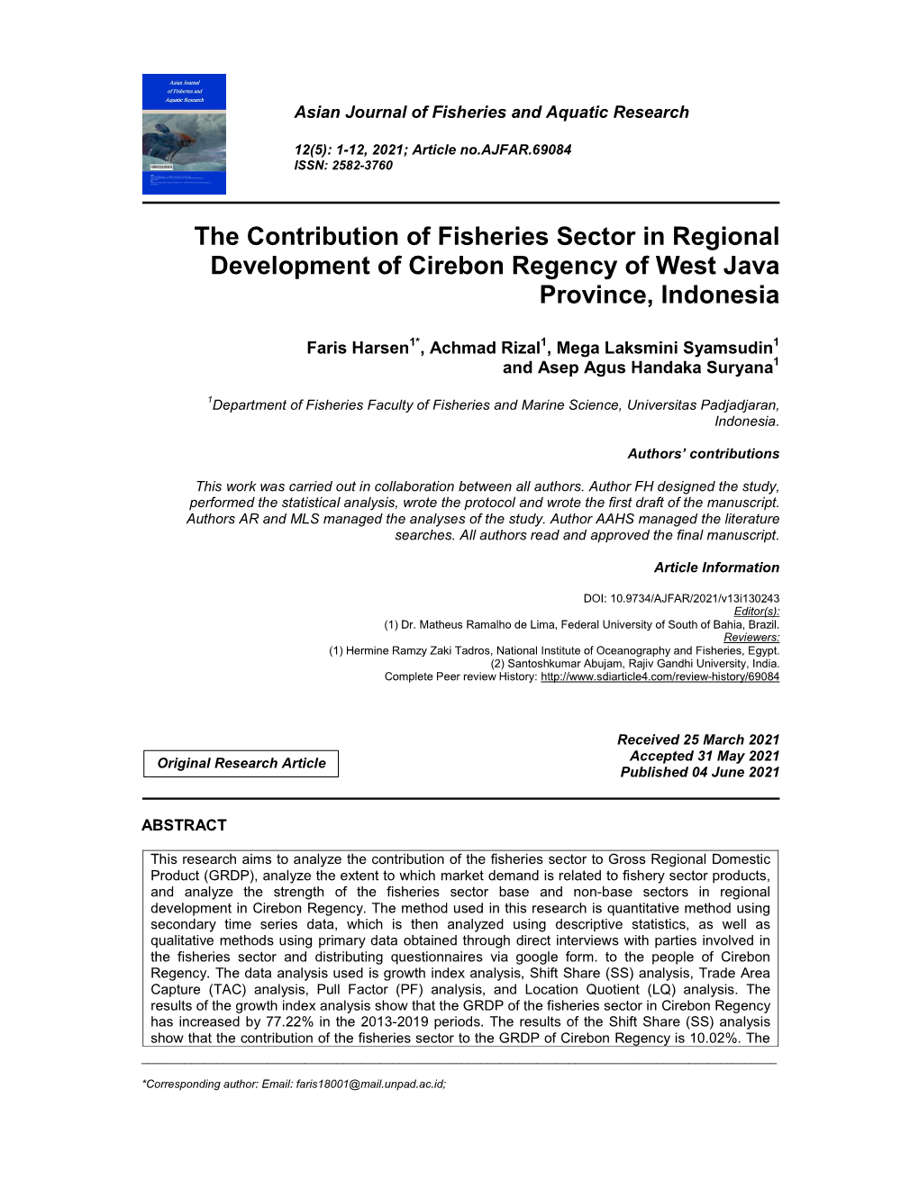 The Contribution of Fisheries Sector in Regional Development of Cirebon Regency of West Java Province, Indonesia