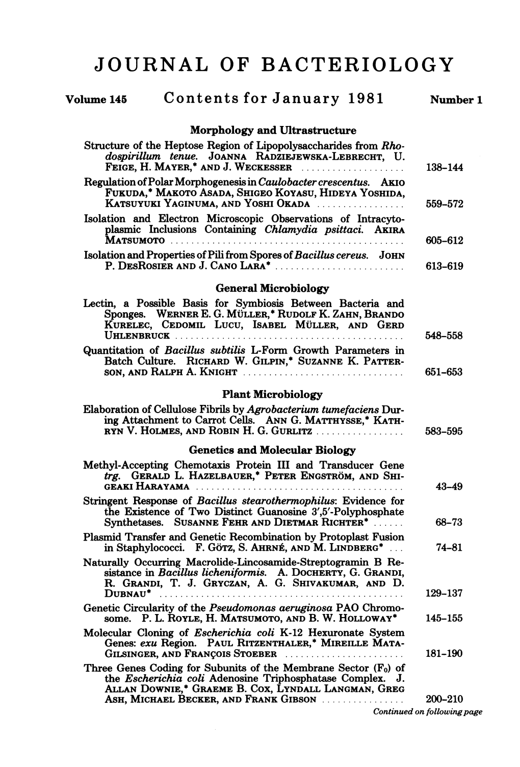 JOURNAL of BACTERIOLOGY Volume 145 Contents for January 1981 Numberl