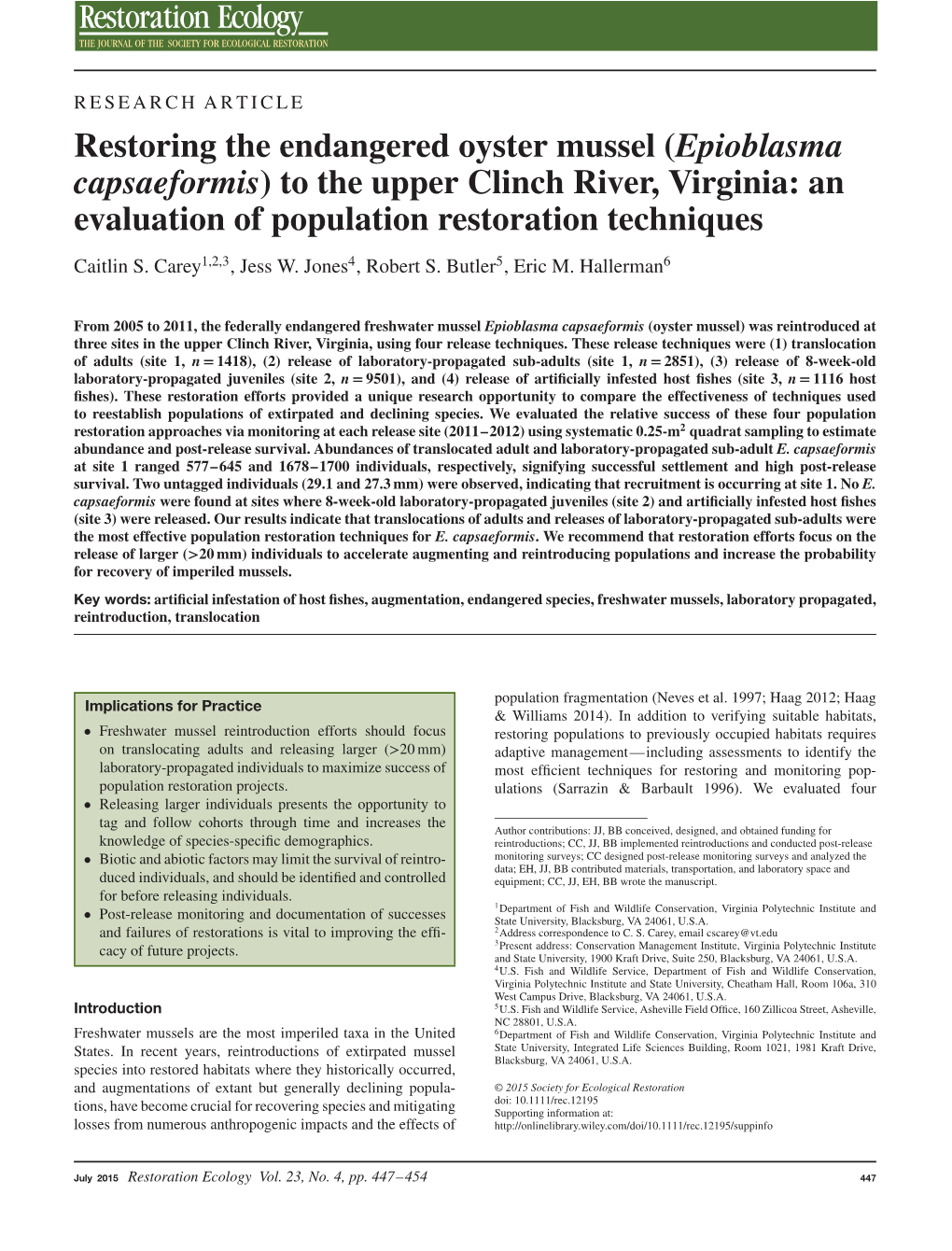 Restoring the Endangered Oyster Mussel (Epioblasma Capsaeformis) to the Upper Clinch River, Virginia: an Evaluation of Population Restoration Techniques Caitlin S