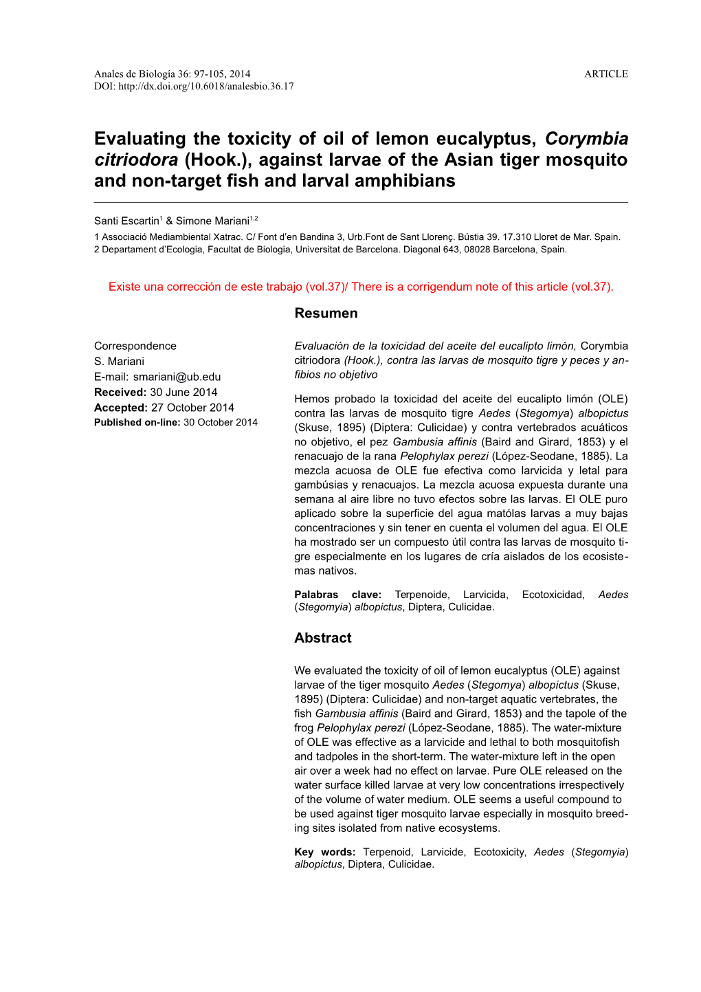 Evaluating the Toxicity of Oil of Lemon Eucalyptus, Corymbia Citriodora (Hook.), Against Larvae of the Asian Tiger Mosquito and Non-Target Fish and Larval Amphibians