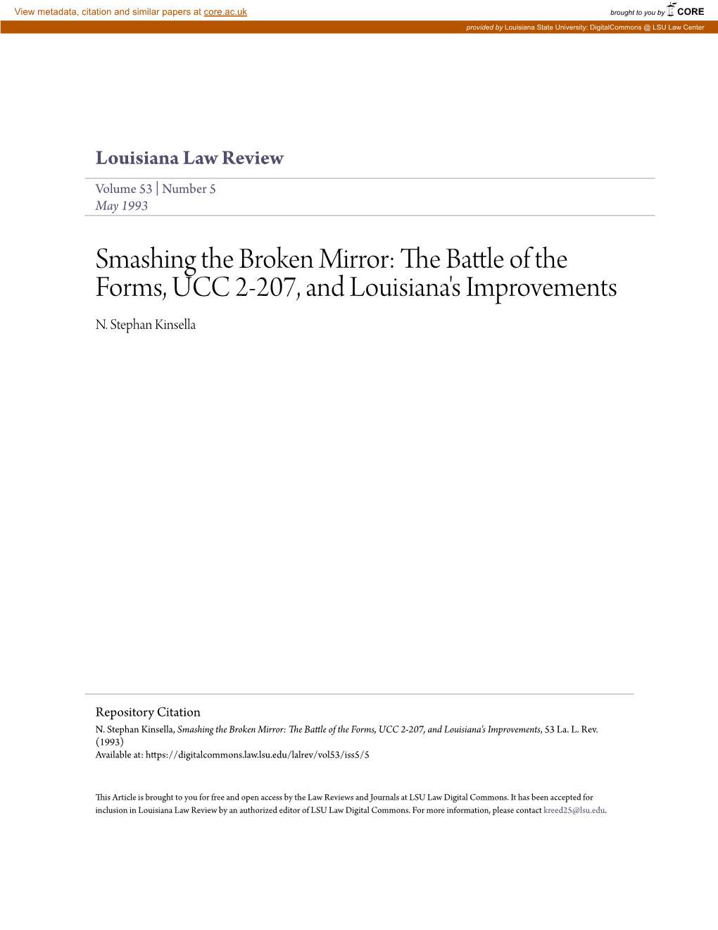 Smashing the Broken Mirror: the Battle of the Forms, UCC 2-207, and Louisiana's Improvements, 53 La