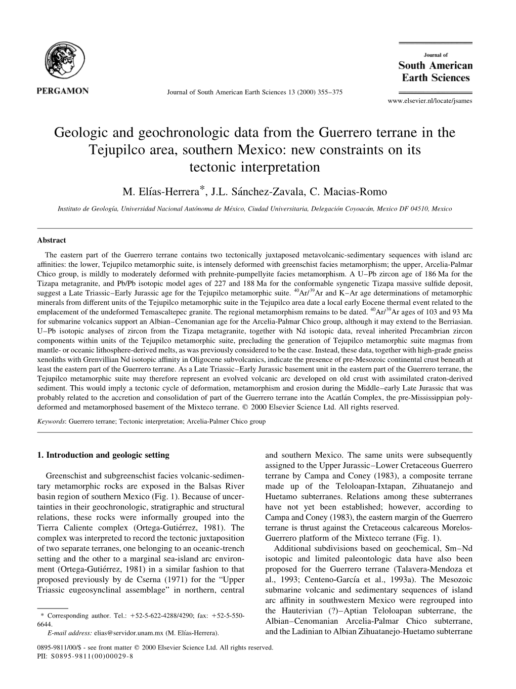 Geologic and Geochronologic Data from the Guerrero Terrane in the Tejupilco Area, Southern Mexico: New Constraints on Its Tectonic Interpretation