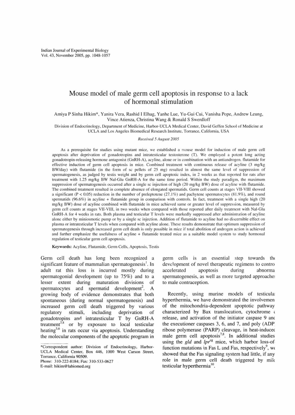 Mouse Model of Male Germ Cell Apoptosis in Response to a Lack of Hormonal Stimulation