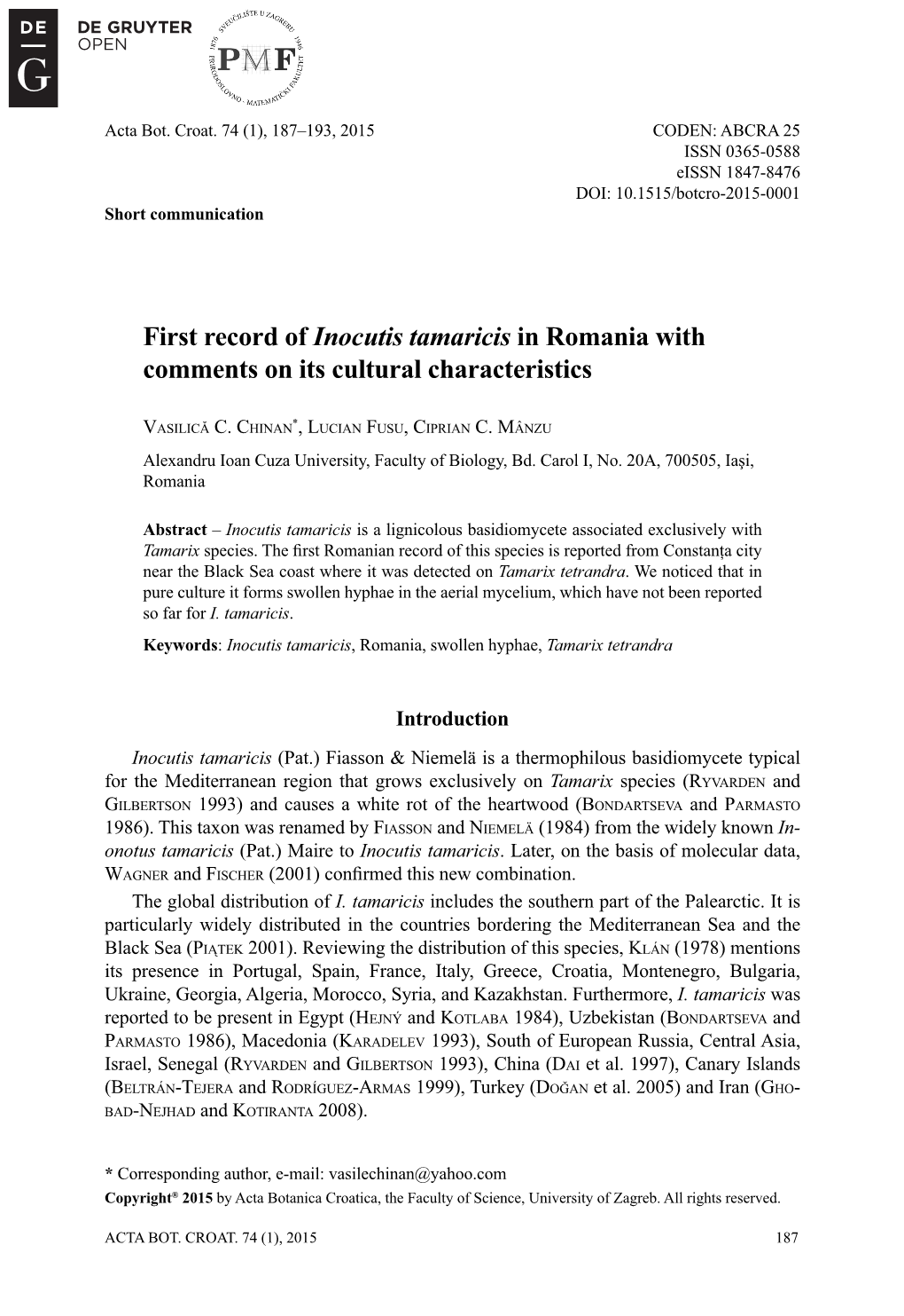 First Record of Inocutis Tamaricis in Romania with Comments on Its Cultural Characteristics