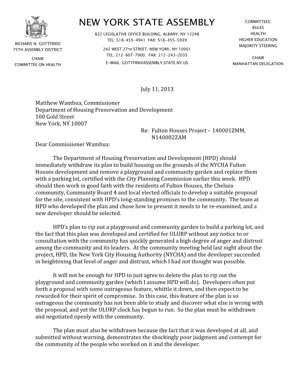 New York State Assembly Rules 822 Legislative Office Building, Albany, Ny 12248 Health Tel: 518-455-4941 Fax: 518-455-5939 Higher Education Richard N