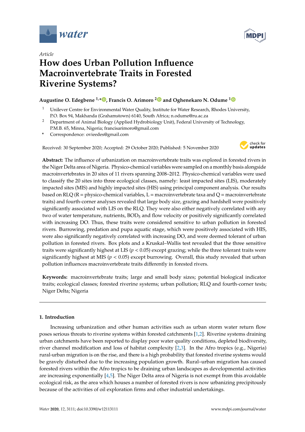 How Does Urban Pollution Influence Macroinvertebrate Traits In