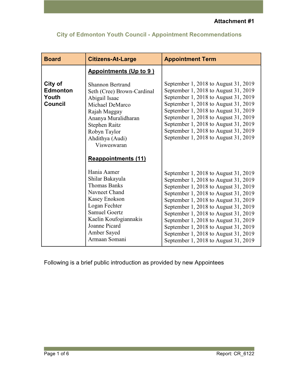 City of Edmonton Youth Council - Appointment Recommendations