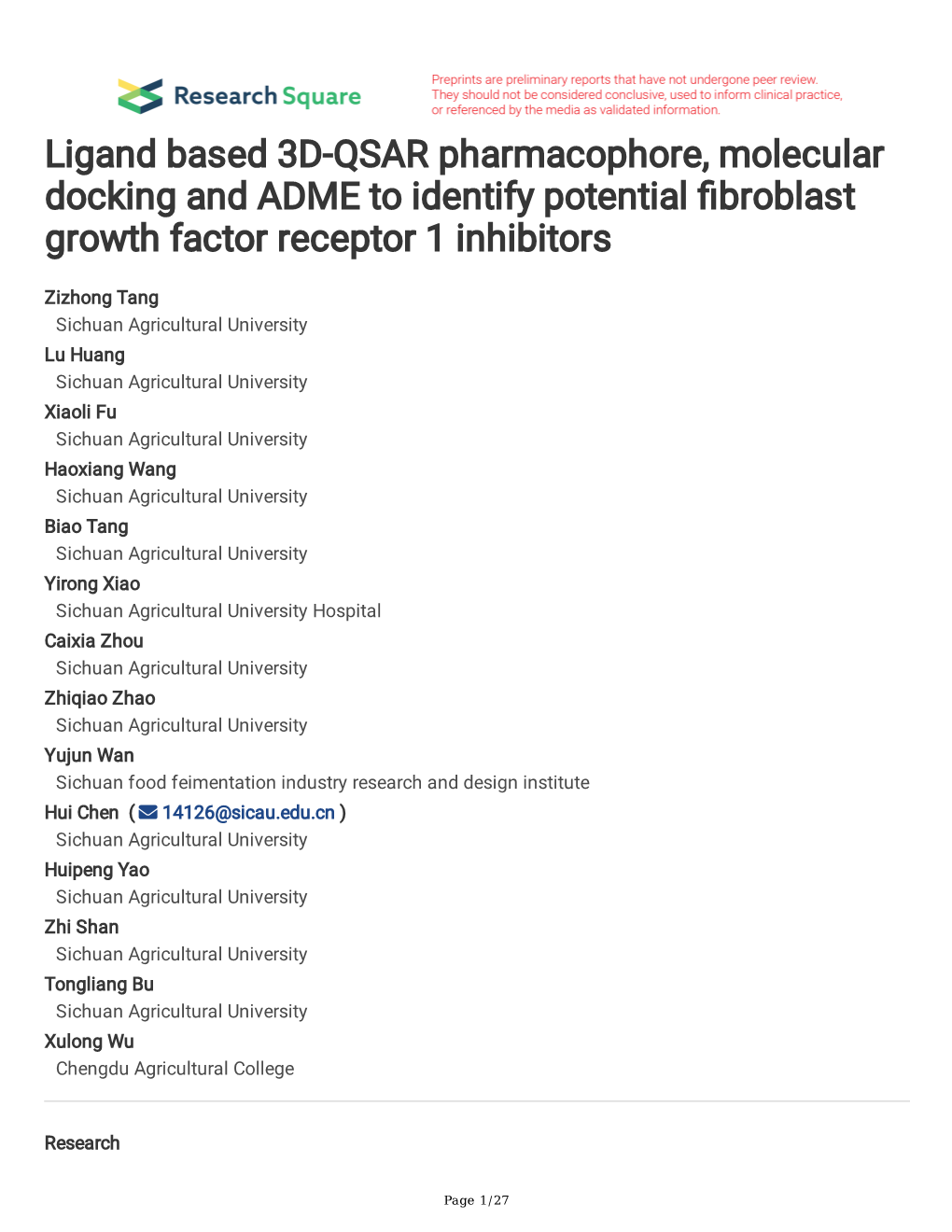 Ligand Based 3D-QSAR Pharmacophore, Molecular Docking and ADME to Identify Potential Broblast Growth Factor Receptor 1 Inhibitor