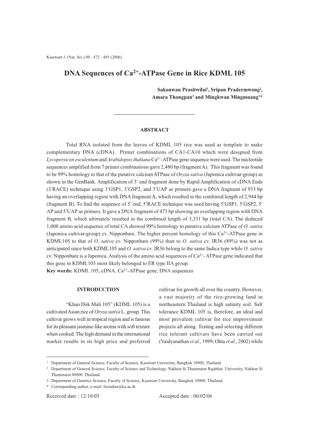 DNA Sequences of Ca2+-Atpase Gene in Rice KDML 105