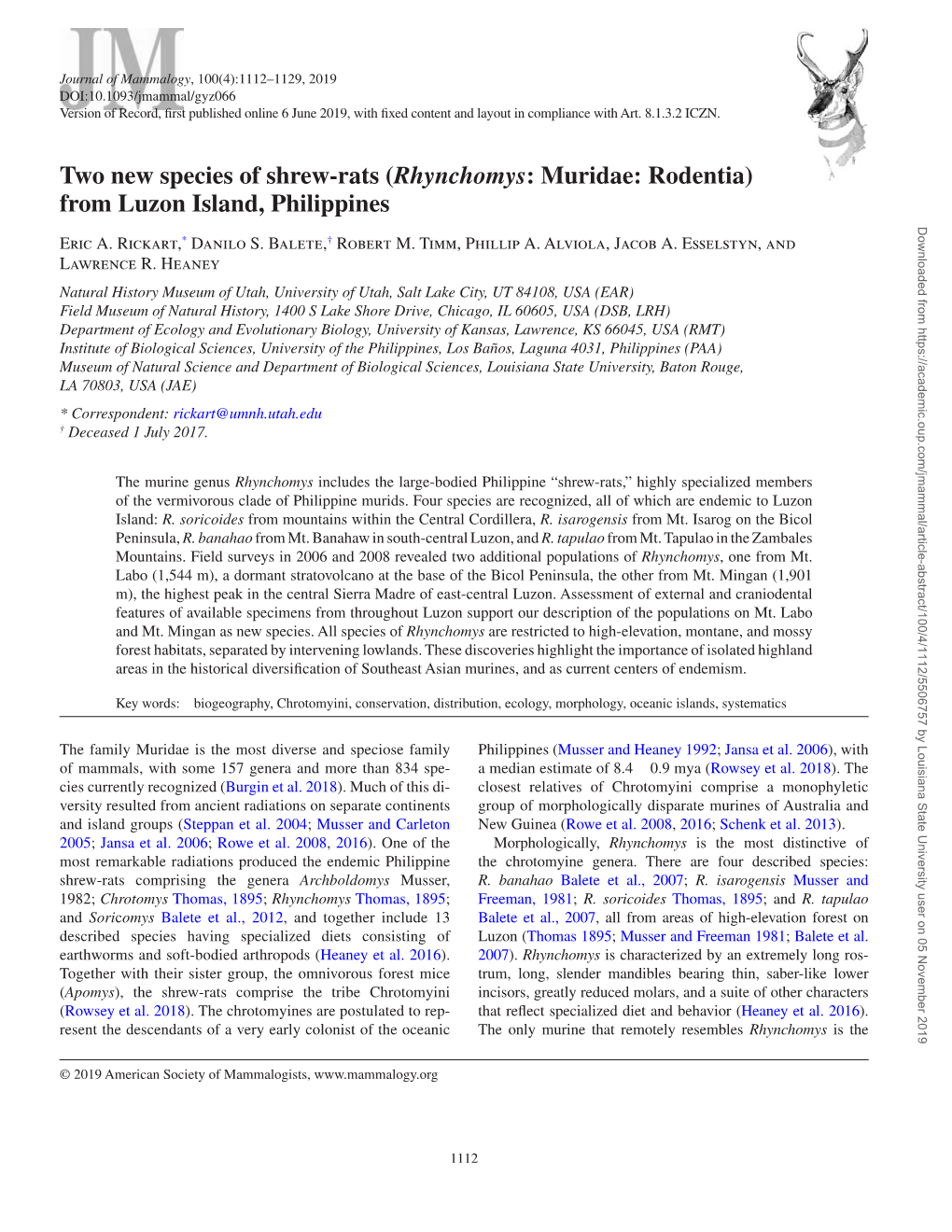 Two New Species of Shrew-Rats (Rhynchomys: Muridae: Rodentia) from Luzon Island, Philippines