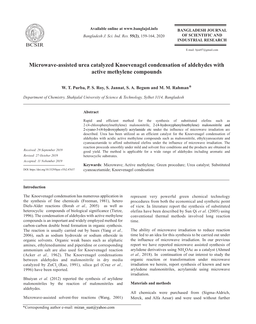 Microwave-Assisted Urea Catalyzed Knoevenagel Condensation of Aldehydes with ＝ Light Brown Solid, M.P