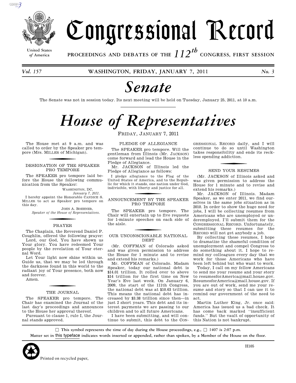 Congressional Record United States Th of America PROCEEDINGS and DEBATES of the 112 CONGRESS, FIRST SESSION