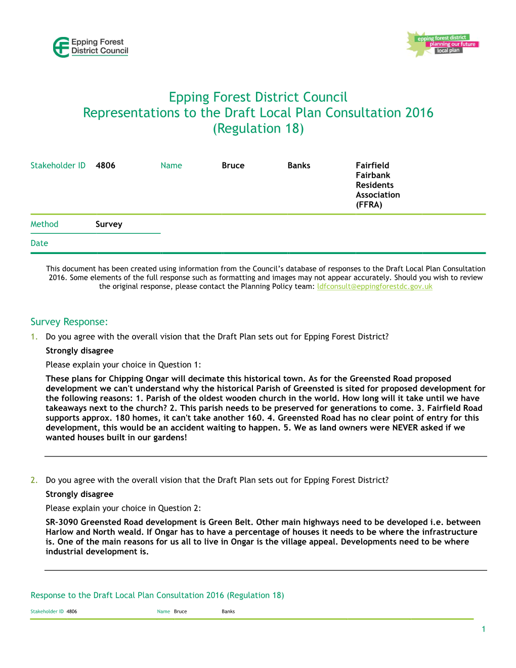 Epping Forest District Council Representations to the Draft Local Plan Consultation 2016 (Regulation 18)