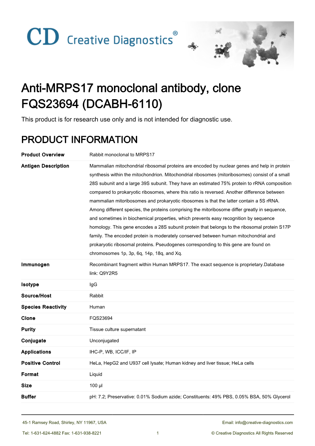 Anti-MRPS17 Monoclonal Antibody, Clone FQS23694 (DCABH-6110) This Product Is for Research Use Only and Is Not Intended for Diagnostic Use