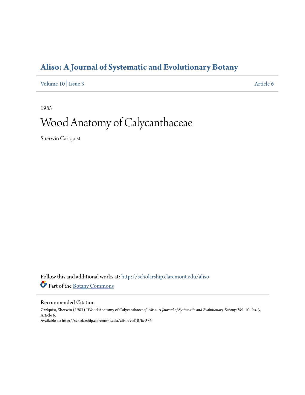 Wood Anatomy of Calycanthaceae Sherwin Carlquist