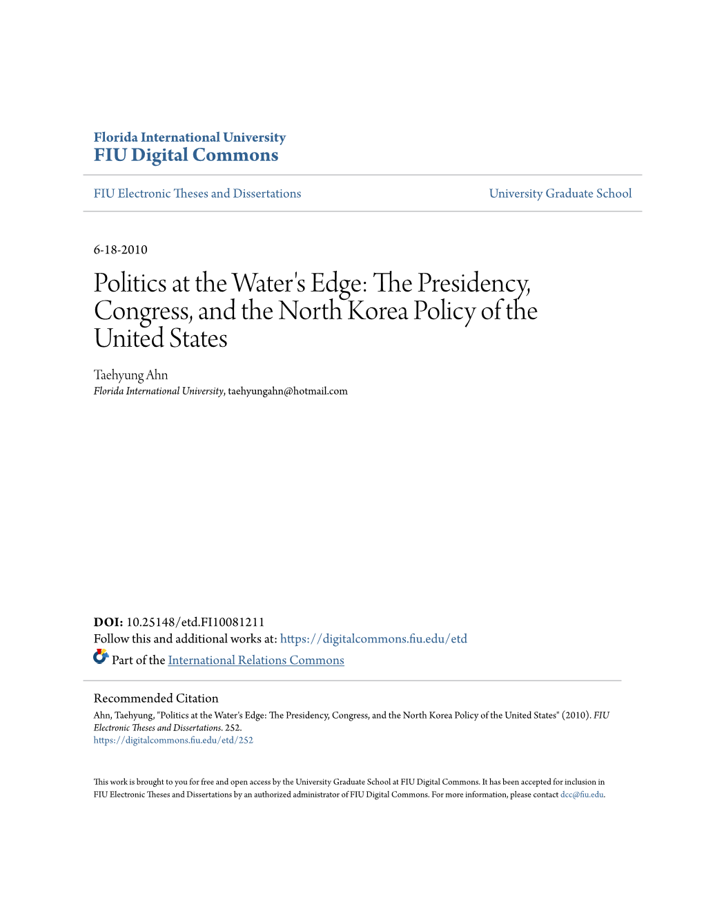 Politics at the Water's Edge: the Presidency, Congress, and The