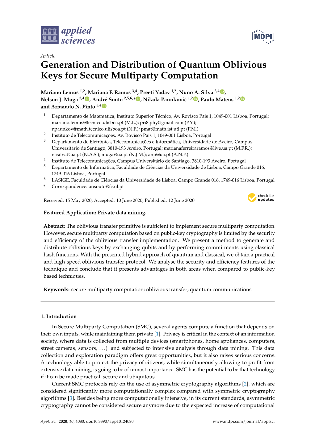 Generation and Distribution of Quantum Oblivious Keys for Secure Multiparty Computation