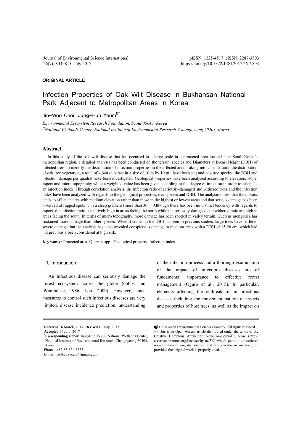 Infection Properties of Oak Wilt Disease in Bukhansan National Park Adjacent to Metropolitan Areas in Korea