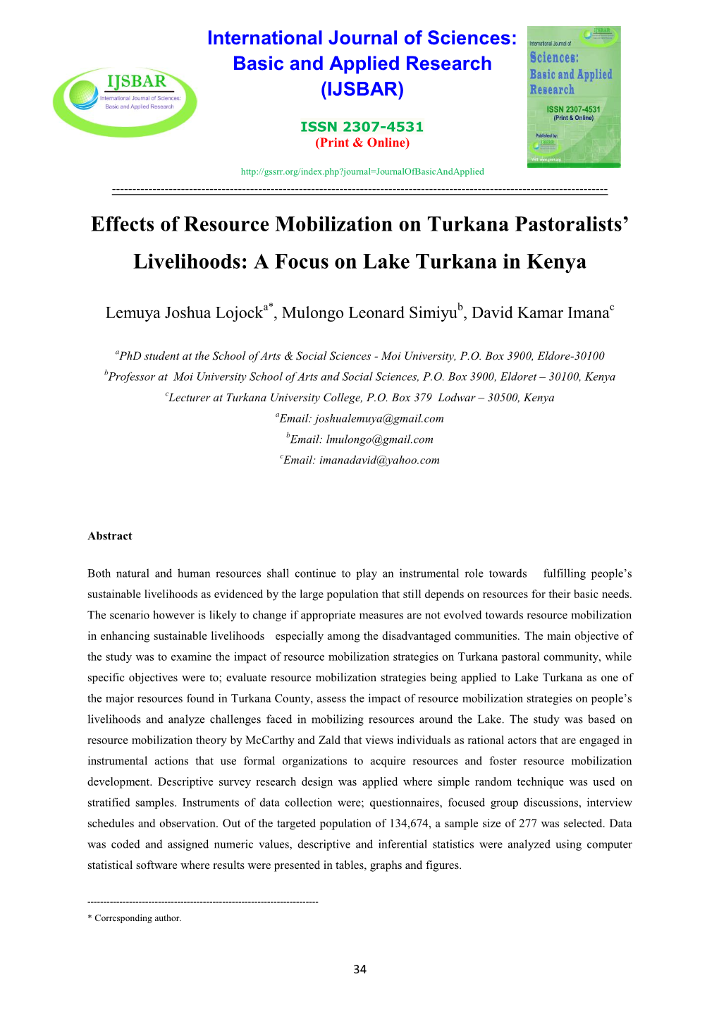 Effects of Resource Mobilization on Turkana Pastoralists' Livelihoods