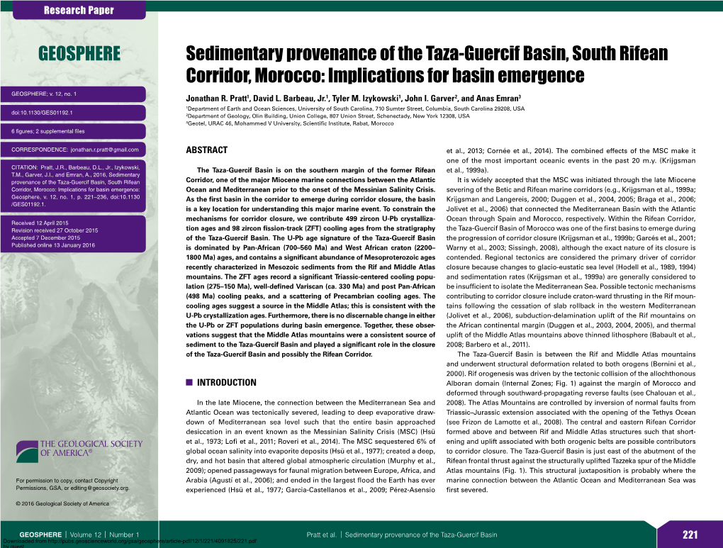 Sedimentary Provenance of the Taza-Guercif Basin, South Rifean Corridor, Morocco: Implications for Basin Emergence GEOSPHERE; V