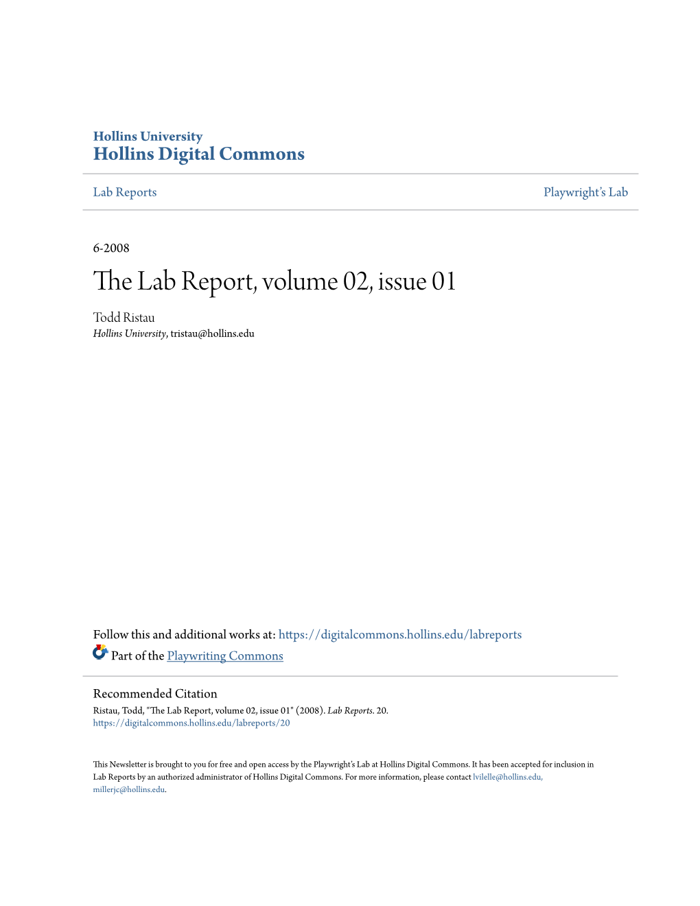 The Lab Report, Volume 02, Issue 01 Todd Ristau Hollins University, Tristau@Hollins.Edu