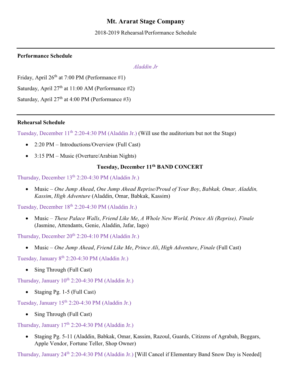 Mt. Ararat Stage Company 2018-2019 Rehearsal/Performance Schedule