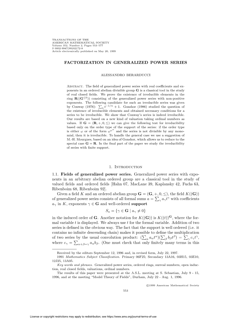 Factorization in Generalized Power Series