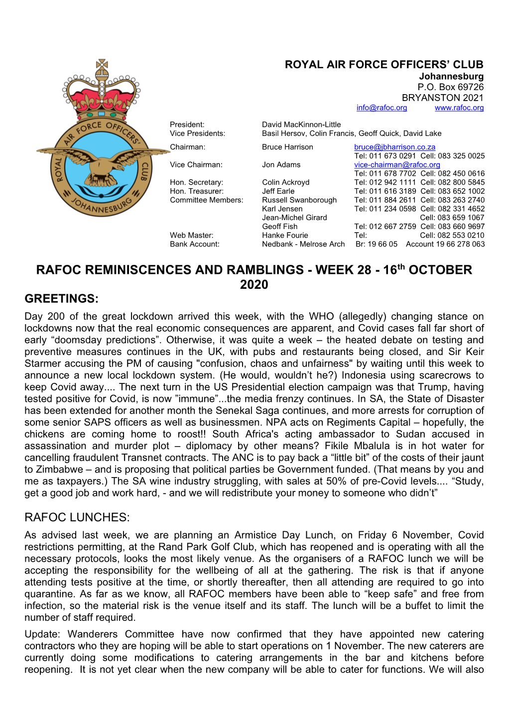 RAFOC REMINISCENCES and RAMBLINGS - WEEK 28 - 16Th OCTOBER 2020 GREETINGS