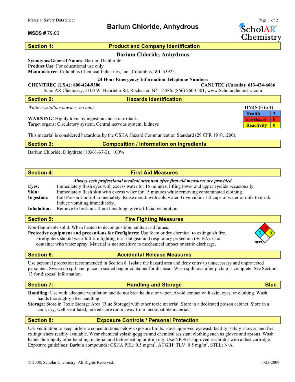 Barium Chloride, Anhydrous MSDS # 79.00