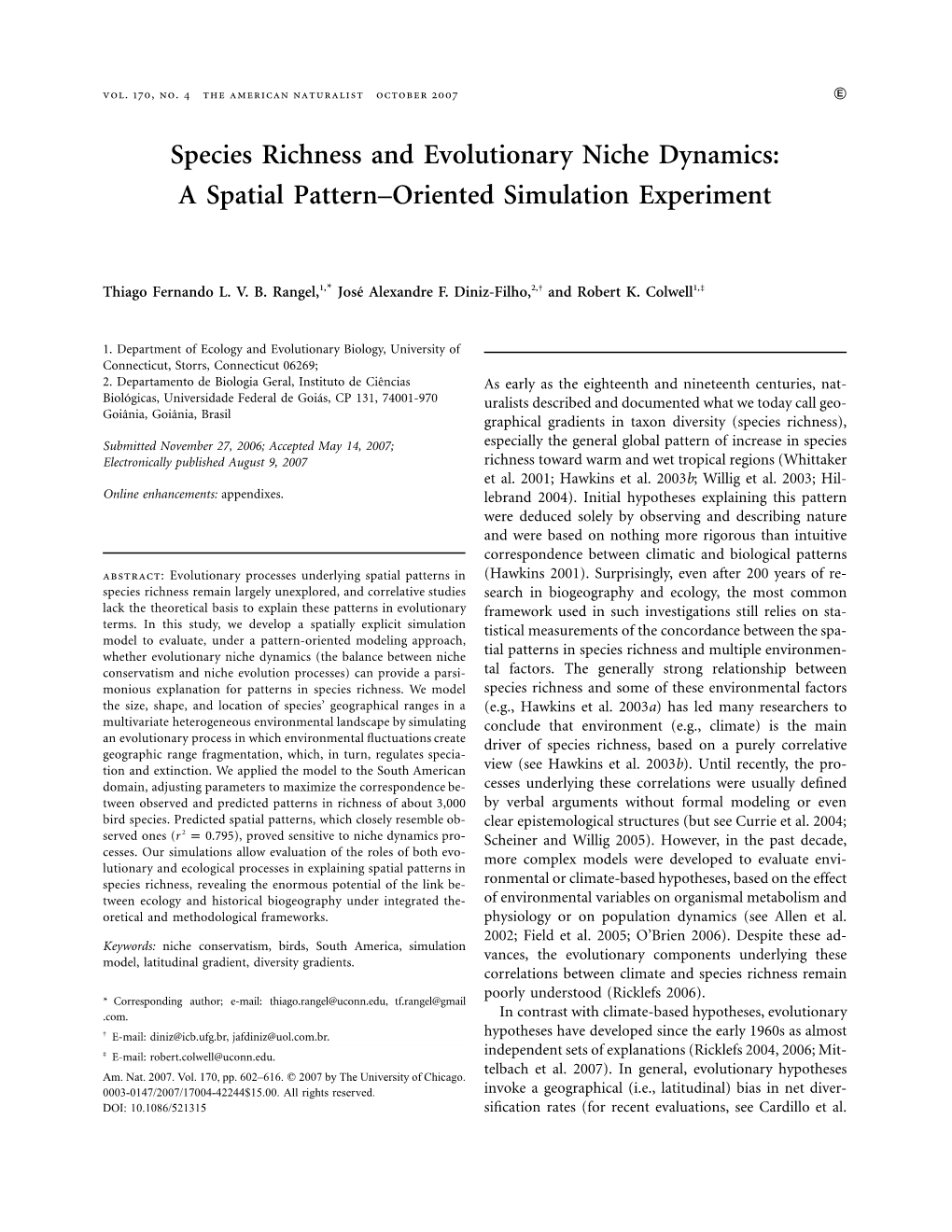 Species Richness and Evolutionary Niche Dynamics: a Spatial Pattern–Oriented Simulation Experiment