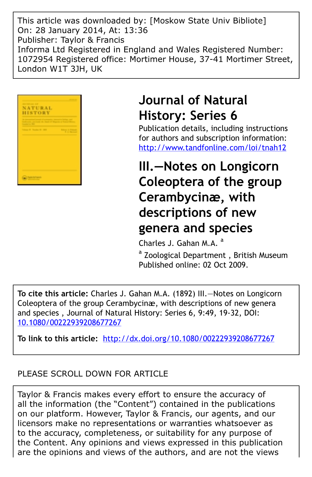 Journal of Natural History: Series 6 III.—Notes on Longicorn Coleoptera