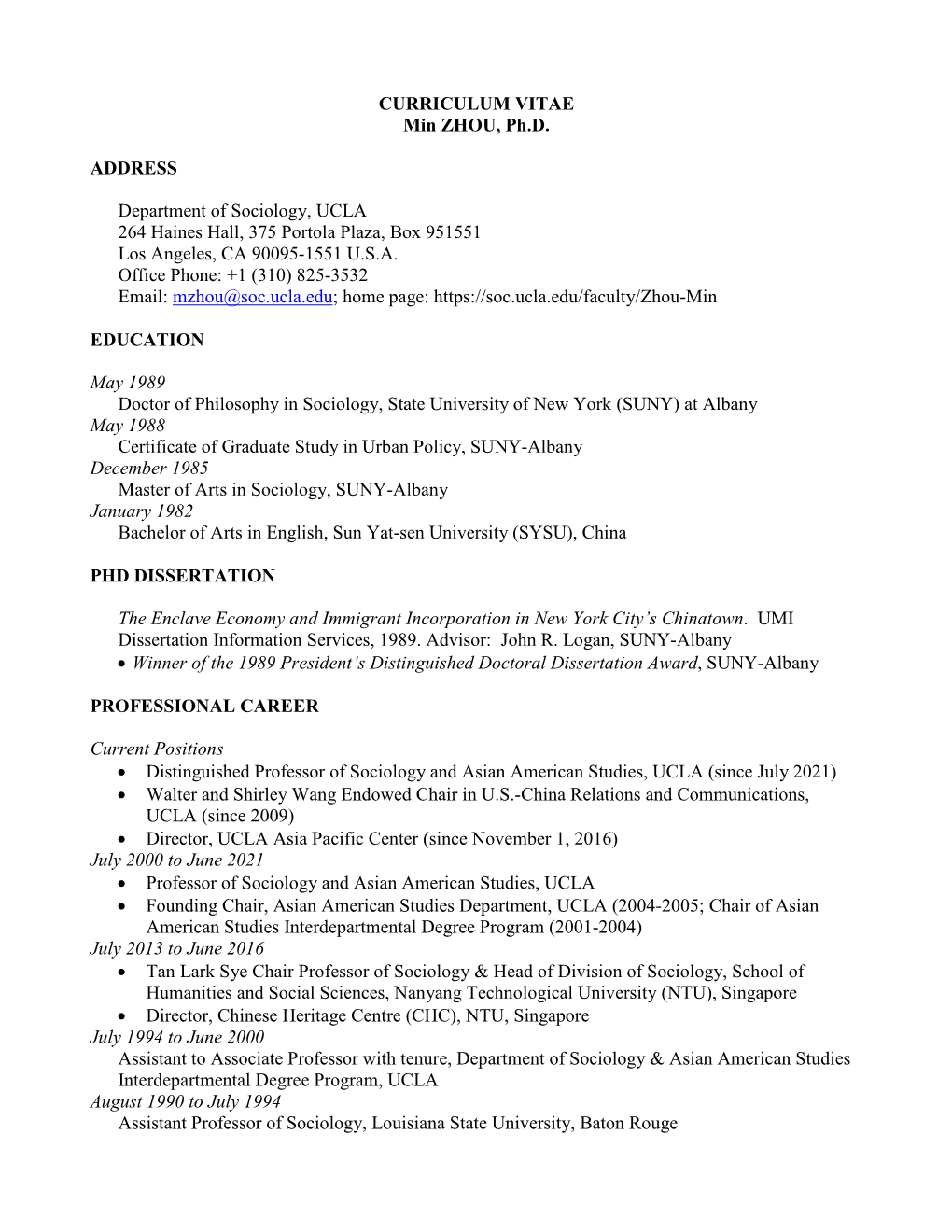 CURRICULUM VITAE Min ZHOU, Ph.D