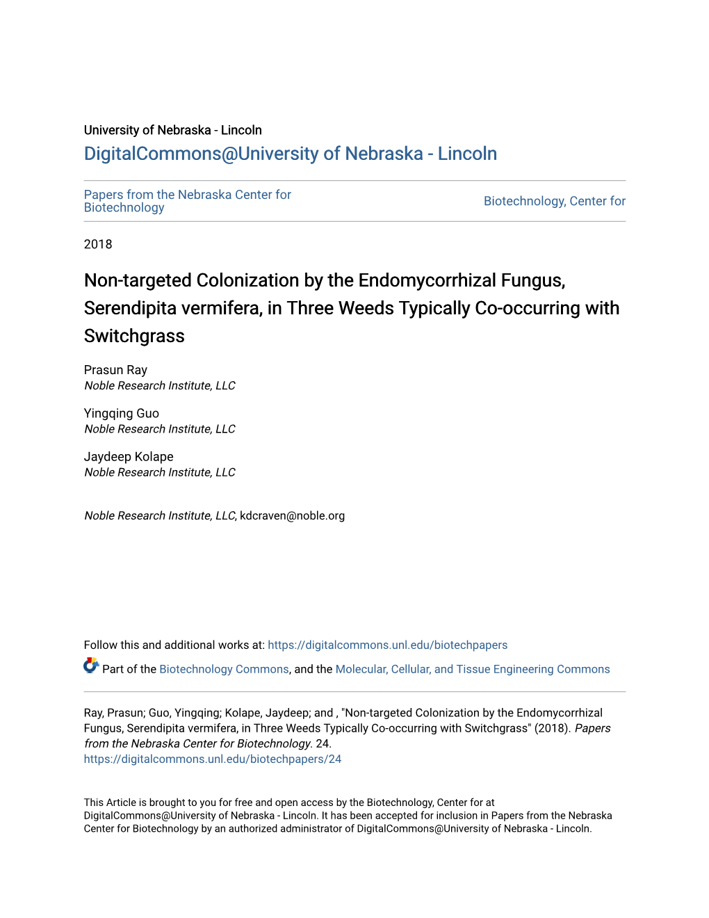 Non-Targeted Colonization by the Endomycorrhizal Fungus, Serendipita Vermifera, in Three Weeds Typically Co-Occurring with Switchgrass