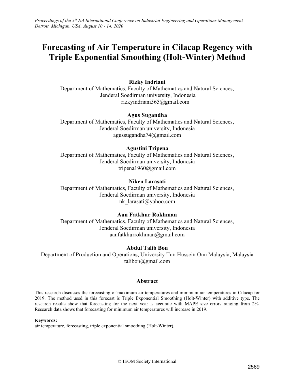 Forecasting of Air Temperature in Cilacap Regency with Triple Exponential Smoothing (Holt-Winter) Method