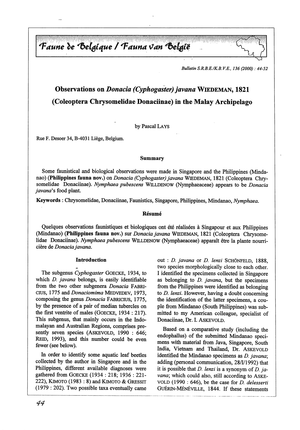 (Coleoptera Chrysomelidae Donaciinae) in the Malay Archipelago