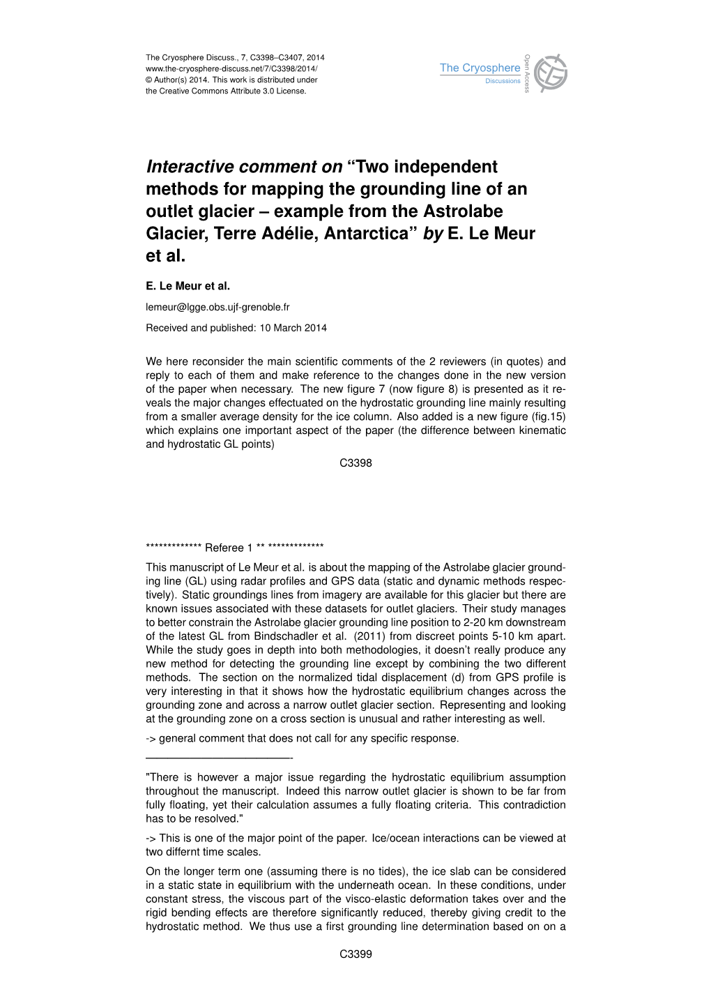 Two Independent Methods for Mapping the Grounding Line of an Outlet Glacier – Example from the Astrolabe Glacier, Terre Adélie, Antarctica” by E