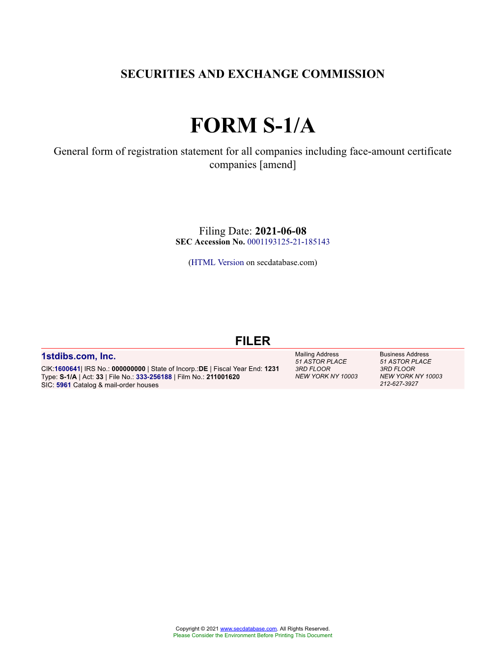 1Stdibs.Com, Inc. Form S-1/A Filed 2021-06-08