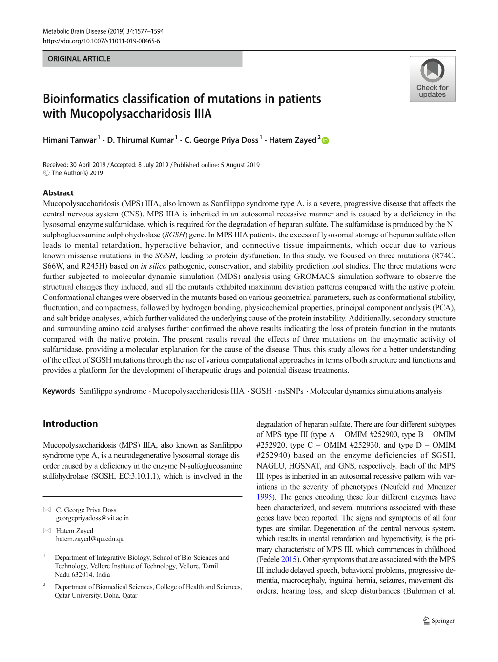 Bioinformatics Classification of Mutations in Patients with Mucopolysaccharidosis IIIA