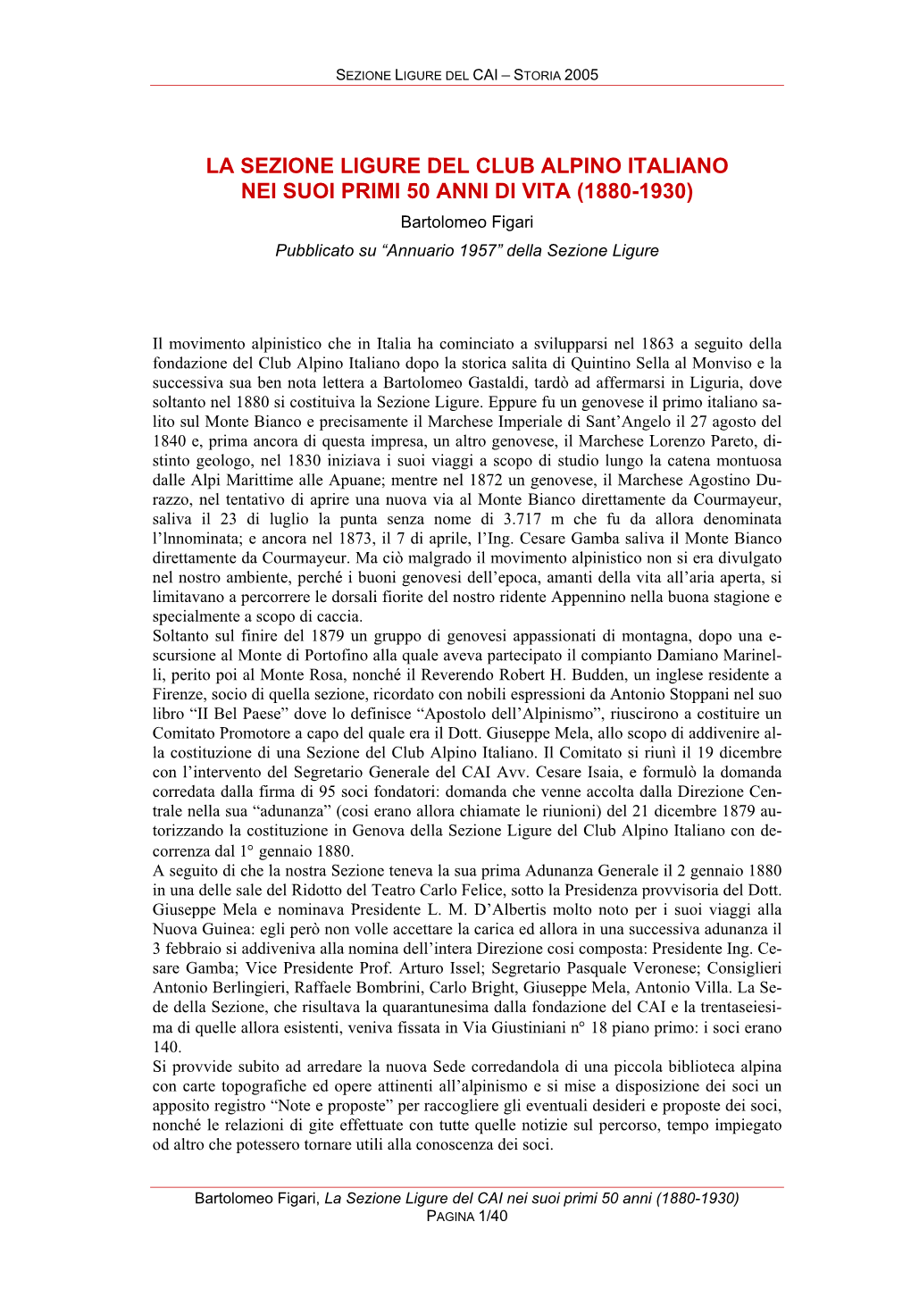 Bartolomeo Figari Pubblicato Su “Annuario 1957” Della Sezione Ligure