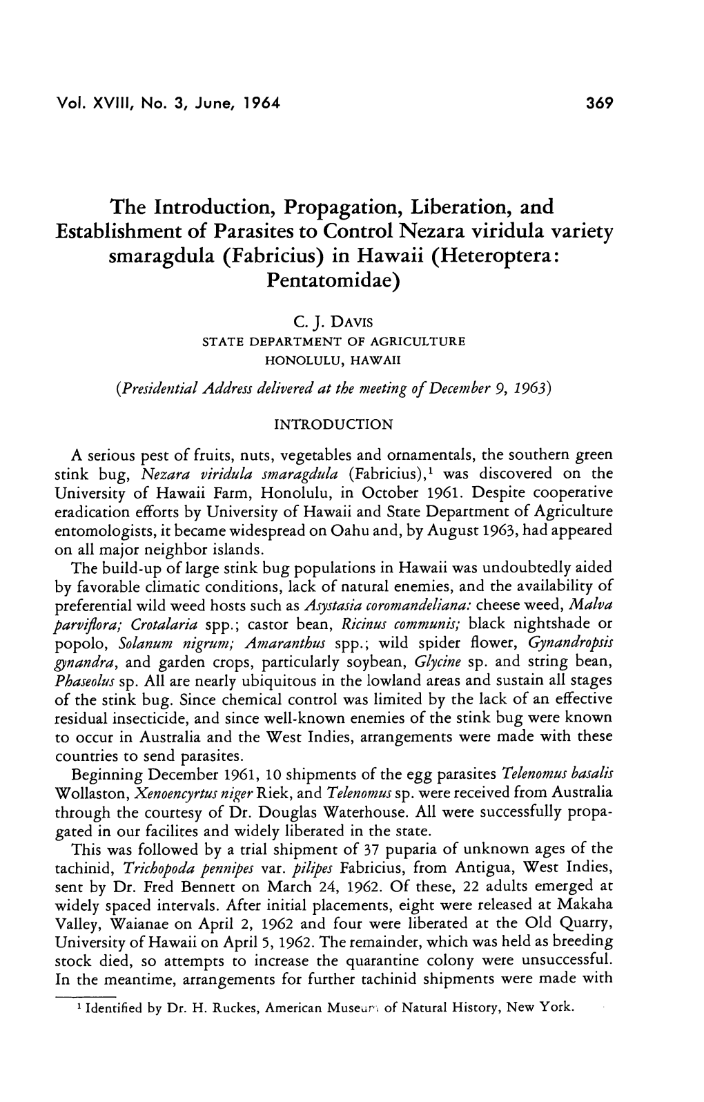Establishment of Parasites to Control Ne2ara Viridula Variety Smaragdula (Fabricius) in Hawaii (Heteroptera: Pentatomidae)