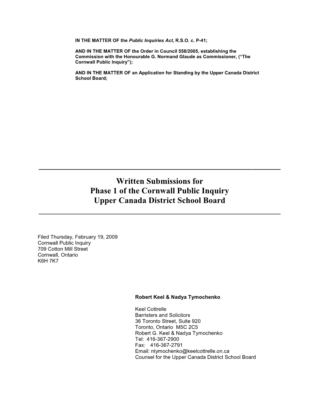 Written Submissions for Phase 1 of the Cornwall Public Inquiry Upper Canada District School Board ______