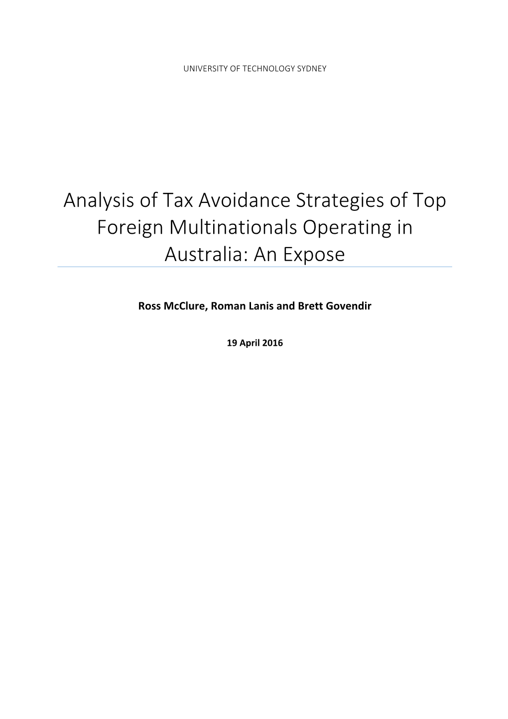 Analysis of Tax Avoidance Strategies of Top Foreign Multinationals Operating in Australia: an Expose