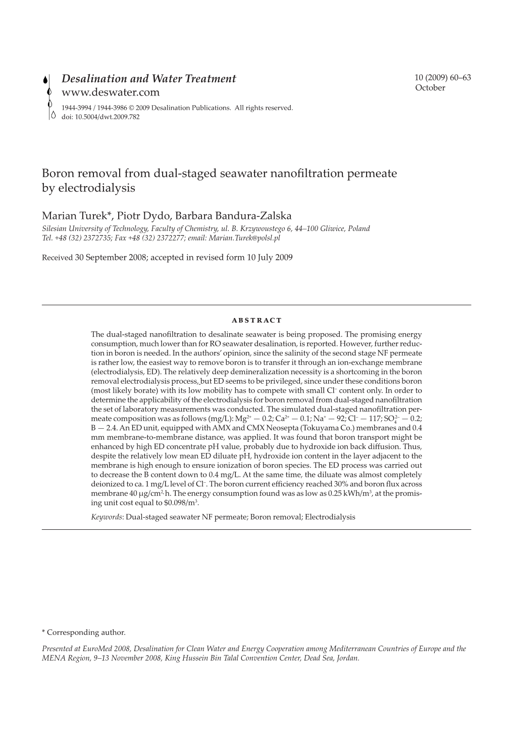 Boron Removal from Dual-Staged Seawater Nanofiltration Permeate by Electrodialysis