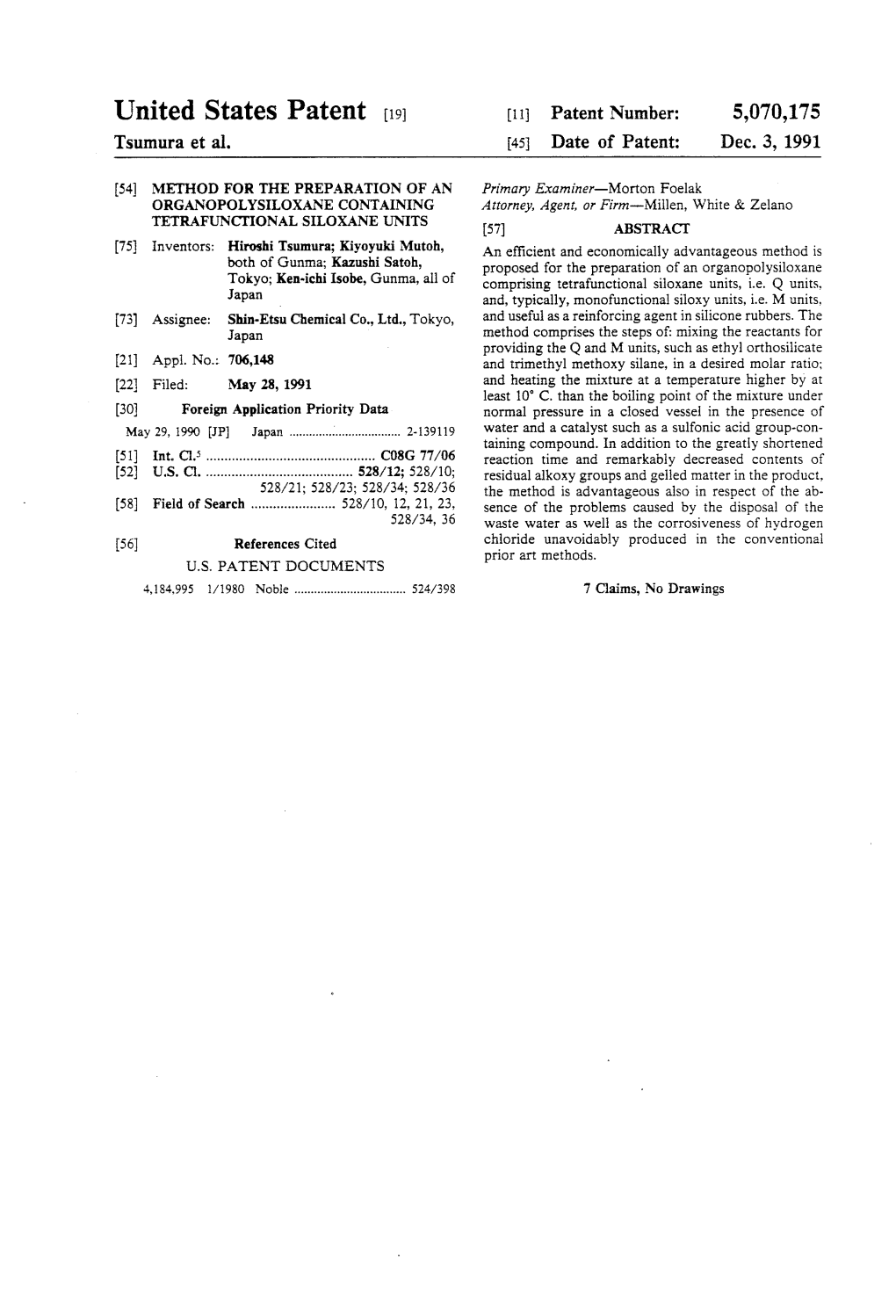 United States Patent [191 [11] Patent Number: 5,070,175 Tsumura Et Al
