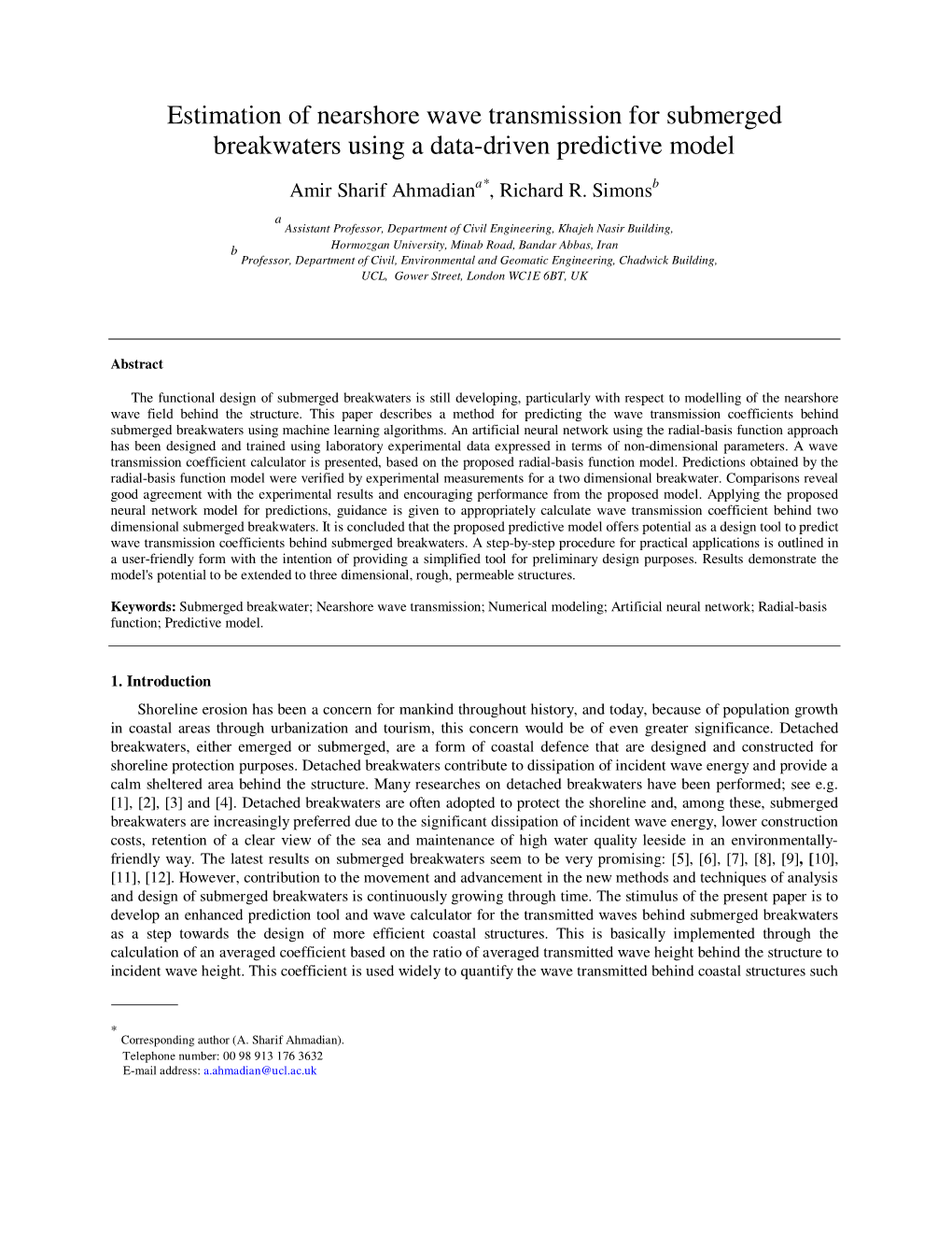 Estimation of Nearshore Wave Transmission for Submerged Breakwaters Using a Data-Driven Predictive Model