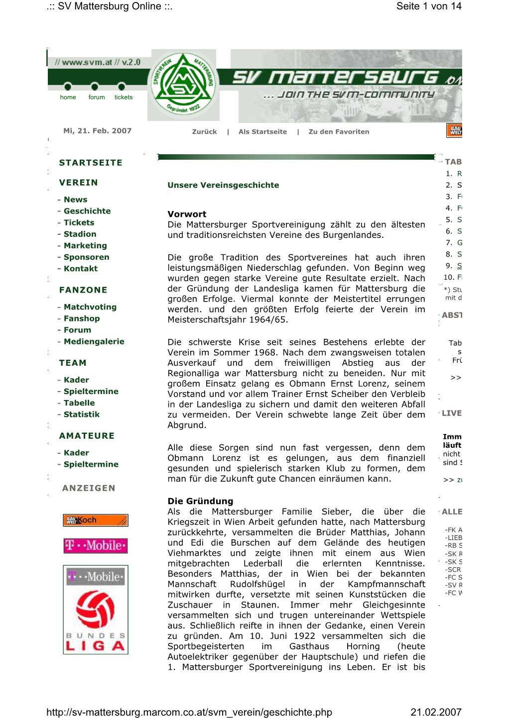 Seite 1 Von 14 .:: SV Mattersburg Online ::. 21.02.2007 Http