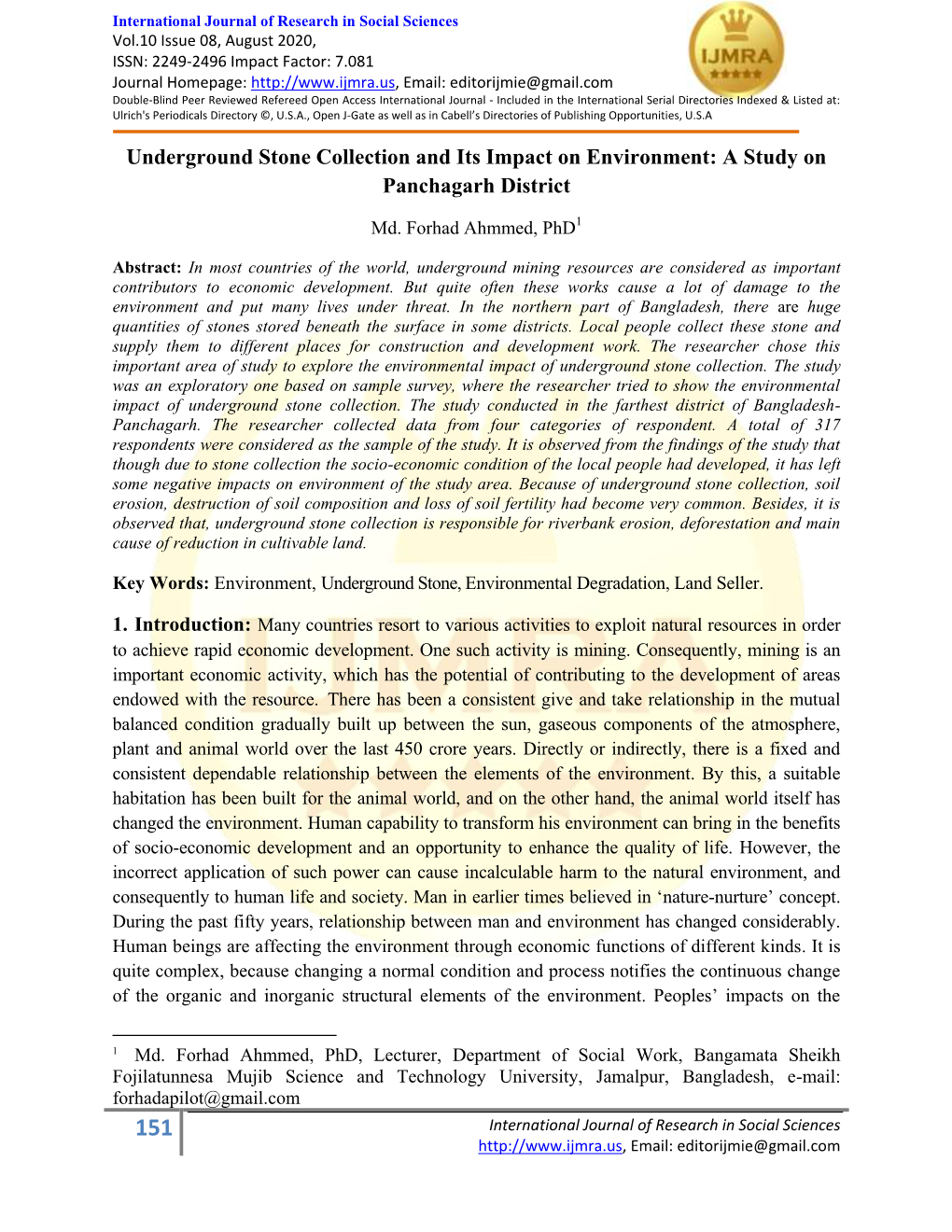 Underground Stone Collection and Its Impact on Environment: a Study on Panchagarh District