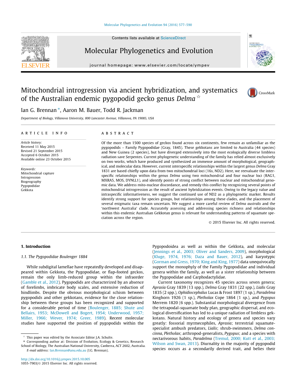 Mitochondrial Introgression Via Ancient Hybridization, and Systematics of the Australian Endemic Pygopodid Gecko Genus Delma Q ⇑ Ian G