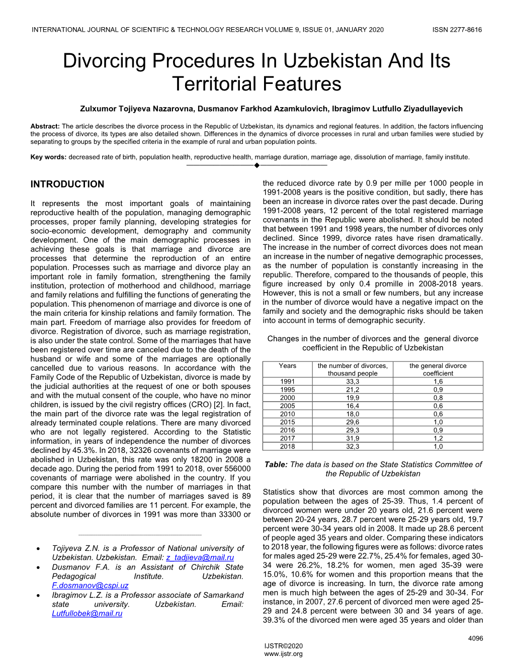 Divorcing Procedures in Uzbekistan and Its Territorial Features