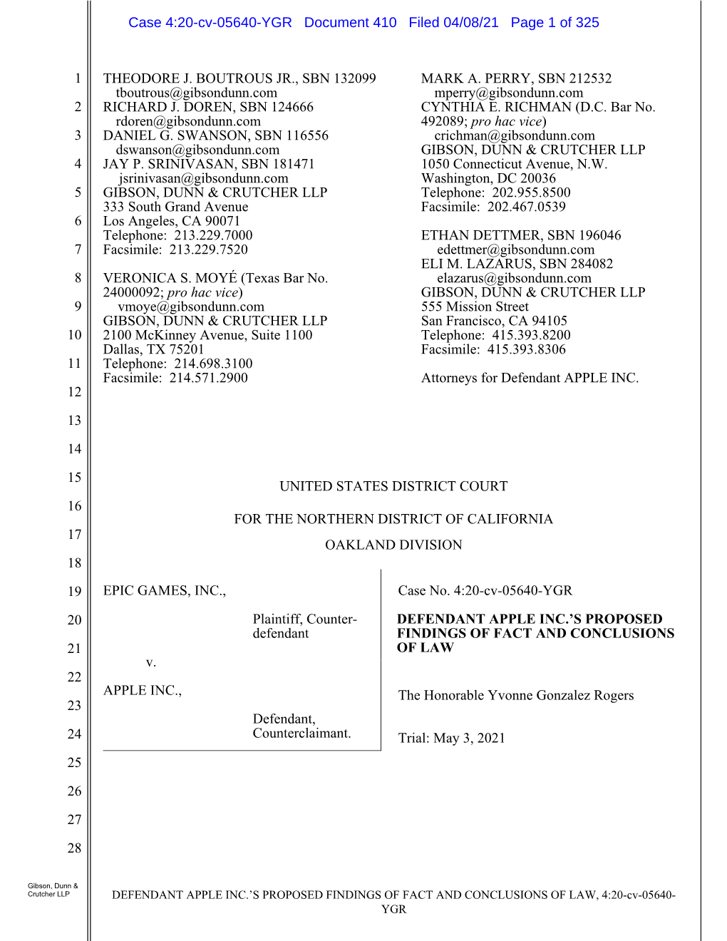 Defendant Apple Inc.'S Proposed Findings of Fact and Conclusions Of